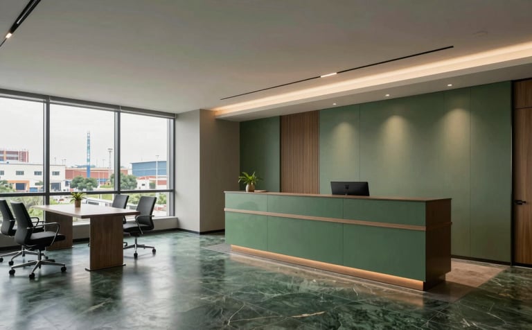 A high-end corporate office interior in the Delhi Mohan Cooperative area. The space shows a modern South Asian / Indian office setting with polished dark slate green floors, muted moss green accents, and large windows looking out onto the industrial-commercial landscape. Professional lighting highlights a sophisticated reception area.