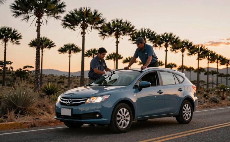 Técnico profesional realizando un auxilio vial en una carretera escénica de Mazamitla rodeada de pinos. El vehículo de asistencia tiene luces de seguridad y colores slate blue. Contexto North American / Mexican al atardecer con luz cálida.