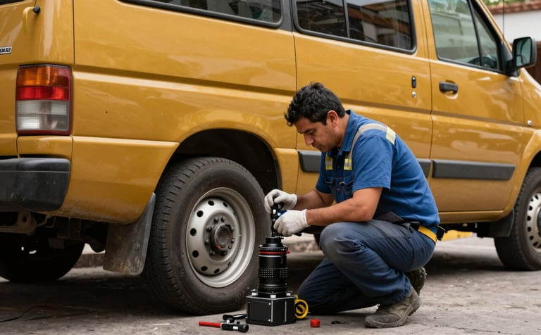 Fotografía profesional de un técnico en un entorno de Mazamitla, Jalisco, reparando una llanta con herramientas modernas al aire libre. Un furgón de servicio con detalles en color golden yellow está estacionado cerca. Iluminación natural de día, ambiente North American / Mexican.