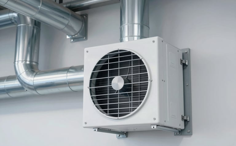 A close-up of a high-tech, modern industrial HVAC ventilation system installed in a clean commercial space. The image features metallic silver #AAB7B8 ductwork with precise joints. Bright, professional lighting highlights the clean and efficient design against a #F8F9F9 background.