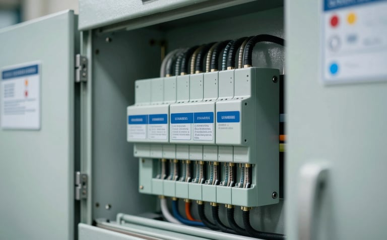 A professionally organized industrial electrical panel with tidy wiring and clearly labeled circuits. The aesthetic is technologically advanced, featuring #34495E and #AAB7B8 components. Sharp focus on the precision engineering and safety indicators.