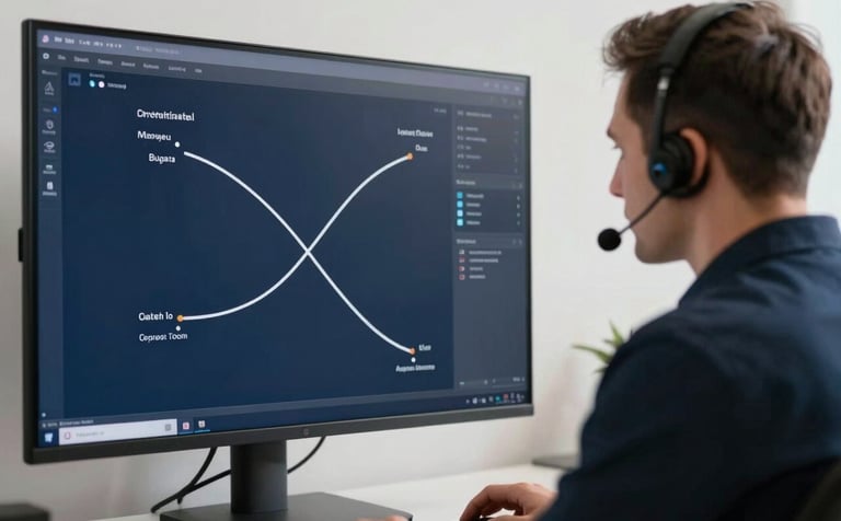 A close-up of a professional dispatcher working in a minimalist Central European / Polish office. He is focused on a large screen displaying logistics routes. The office has clean lines and a color palette of deep navy blue and off-white, reflecting a highly professional atmosphere.