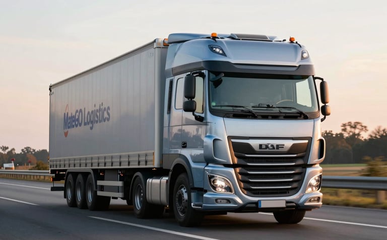 A DAF xf 480 truck with a MateGO Logistics trailer driving on a modern Central European / Polish highway. The scene is captured at golden hour, with soft steel blue and warm light reflecting off the truck's windshield. The focus is on the movement and reliability of the logistics service.