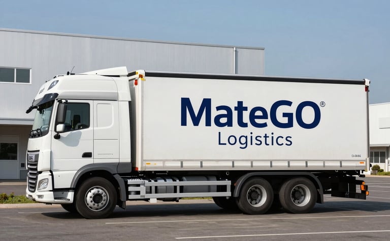 A high-resolution side view of a white DAF xf 480 truck with a trailer featuring the MateGO Logistics logo in deep navy blue. The truck is parked in a clean, modern parking lot in a Central European / Polish industrial area during broad daylight. The lighting is crisp, highlighting the metallic surfaces and the professional, minimalist branding.