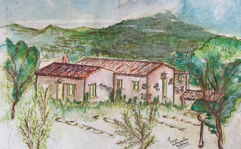 Pictură artistică a agriturismului Agrisole, fermă turistică și restaurant în peisajul rural din Sar