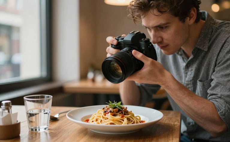 A professional photographer at work in a cozy Scandinavian-style restaurant, capturing a close-up of a rustic pasta dish using soft natural window lighting. Warm and inviting mood.