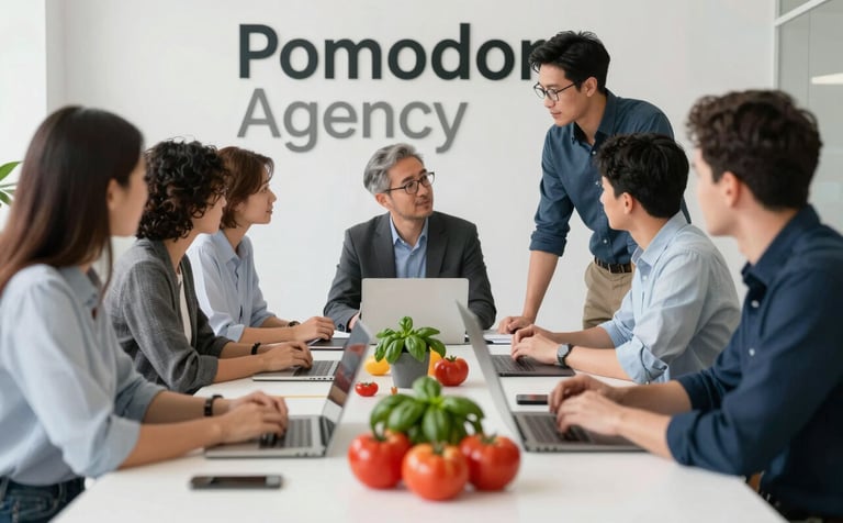 Behind-the-scenes shot of a creative meeting at Pomodoro agency. Team members are planning a campaign on a large table with fresh ingredients like tomatoes and basil nearby. Professional yet creative vibe.