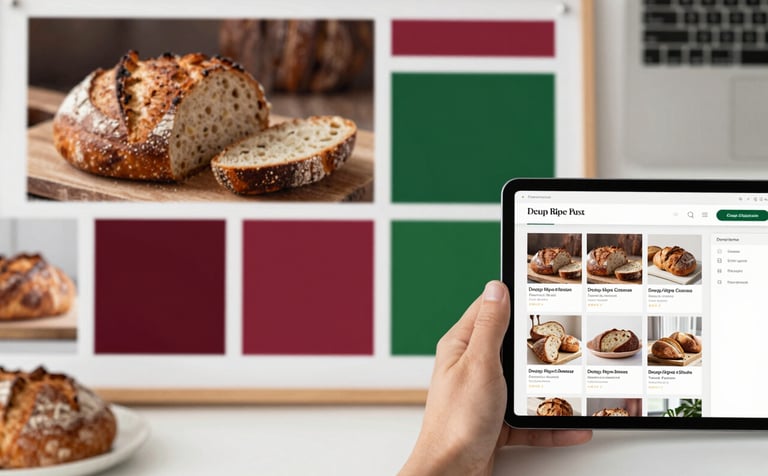A top-down shot of a creative workspace with a mood board featuring artisanal bread photos, color swatches in Deep Ripe Crimson and Forest Green, and a tablet showing a social media grid. Professional, warm, and sophisticated atmosphere.