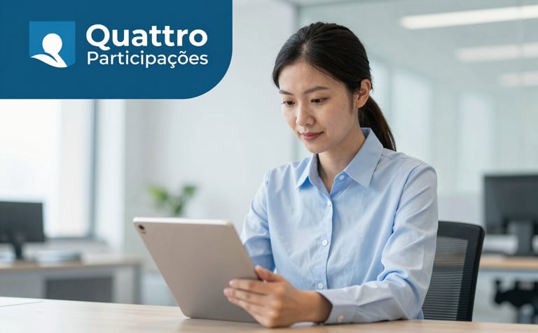 A professional federal employee in a bright, modern office setting, looking confidently at a digital tablet. The scene is clean and professional, incorporating subtle accents of #3D6B90 and #BCCBD4 in the decor to match the Quattro Participações brand identity.