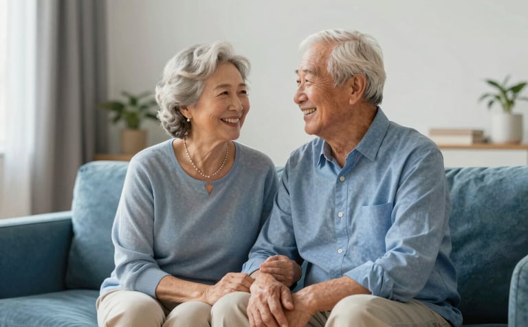 A serene and happy elderly couple in a sunlit living room, symbolizing financial peace of mind and security. The atmosphere is sophisticated and trustworthy, with the brand colors #0A1C2C and #BCCBD4 reflected in the high-quality soft furnishings.