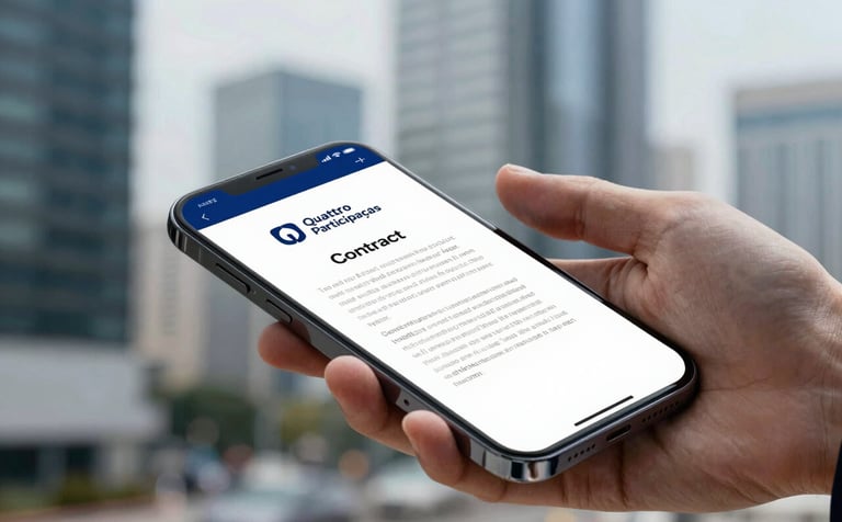 A professional conceptual shot showing a digital contract being signed on a sleek smartphone screen, with a blurred background of a modern financial district. Lighting is crisp and clean, highlighting the efficiency of Quattro Participações services with a palette of #0A1C2C and #3D6B90.