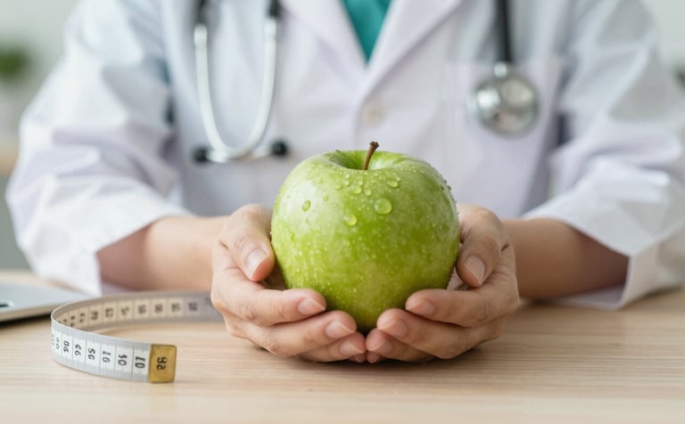 A close-up of a nutritionist's hands holding a green apple and a measurement tape on a clean, light wood desk. The scene is sophisticated and trustworthy, with a soft blur in the background suggesting a professional clinic environment using colors #52796F and #F5F5DC.