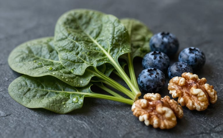 An artistic composition of various superfoods like spinach, blueberries, and walnuts on a dark stone surface. High-contrast lighting highlights the textures. The colors #2F3E46 and #52796F dominate the background for a modern, high-performance nutritional feel.