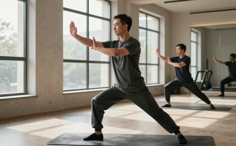 A high-end, minimalist fitness studio in a North American luxury setting. A man in charcoal athletic wear stands in a controlled, powerful Qi Gong posture. Soft natural morning light filters through large windows, highlighting clean lines and stone textures. The atmosphere is calm and focused, reflecting premium performance coaching.