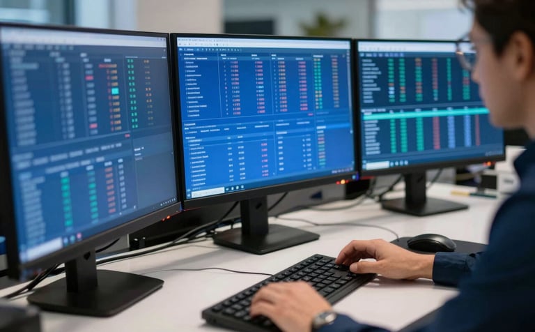 A close-up of a professional workstation in a high-tech financial office in a North American city, multiple monitors displaying royal blue market data, sleek desk, soft professional lighting, conveying expertise and confidence.