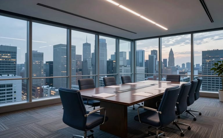A wide-angle shot of an international financial boardroom, floor-to-ceiling windows looking out over a metropolitan skyline at dusk, sophisticated furniture in dark navy and steel blue, empowering and calm lighting.