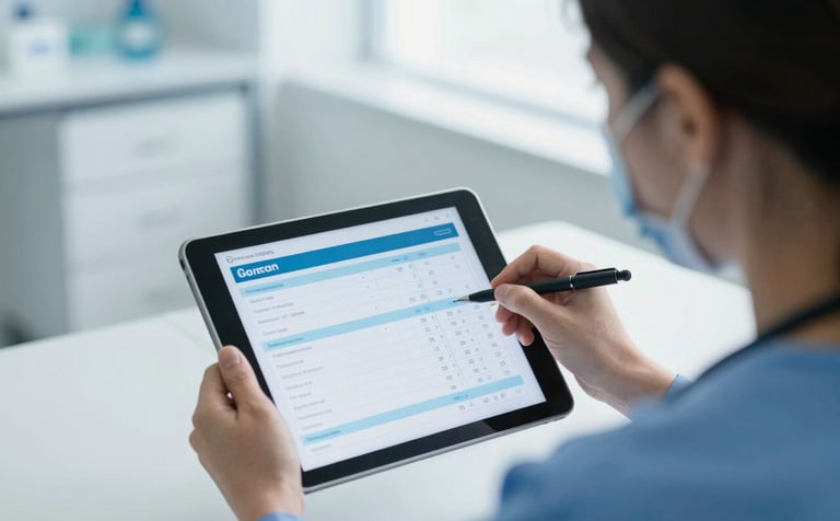 A professional North American medical environment where a healthcare provider in a clean clinic setting uses a modern tablet to review patient records. The lighting is bright and airy with soft blue and white tones, emphasizing a high-tech and trustworthy atmosphere.