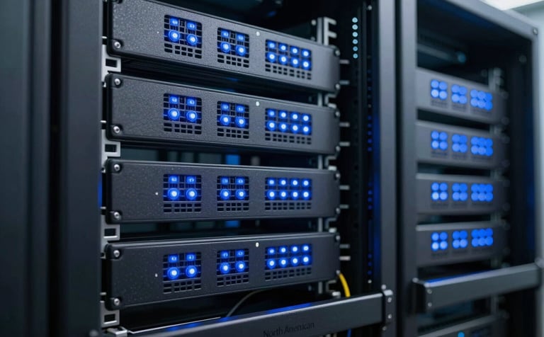 A close-up shot of a sleek, modern North American data center with glowing light blue indicator lights on server racks. The image conveys high-speed data management, security, and technological innovation in healthcare.