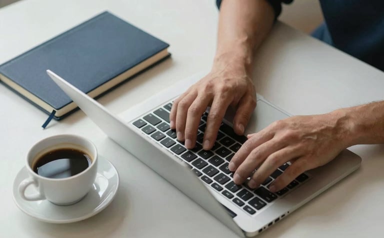 Close-up of a person's hands typing on a sleek laptop next to a cup of coffee. The desk is minimalist, with a deep navy blue notebook present. The lighting is bright and professional, emphasizing a structured, stress-free path.