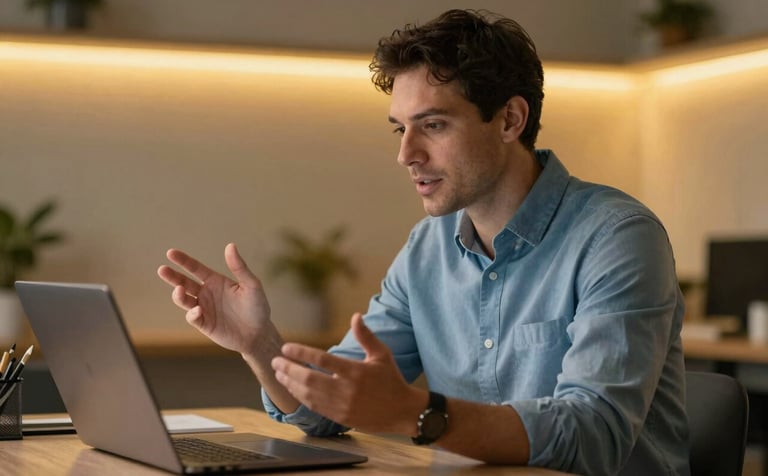 A professional mentor in a warm slate blue shirt sitting in a modern office, gesturing towards a laptop screen during a video call. The background is blurred with warm golden yellow lighting accents, conveying a supportive and authoritative mood.