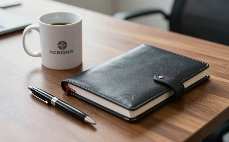 A close-up photograph of high-quality branded office items on a polished wooden desk in a modern Central African office. A ceramic mug, a sleek leather-bound agenda, and a premium pen, all featuring a subtle professional logo. Soft morning light, sharp focus, professional and clean aesthetic.