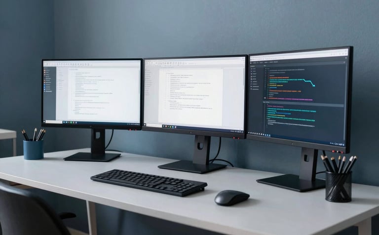 An organized tech-focused workspace in a Central European / German apartment. A desk with multiple monitors displaying data scripts, surrounded by Muted Slate Blue walls and Soft Steel Blue desk accessories, with a professional and secure atmosphere.