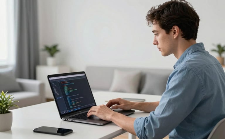 A focused professional in a modern Central European / German home office, working on a sleek laptop showing clean code structures. The room is filled with Soft Steel Blue and Cool Pearl White tones, featuring minimalist furniture and soft natural lighting.