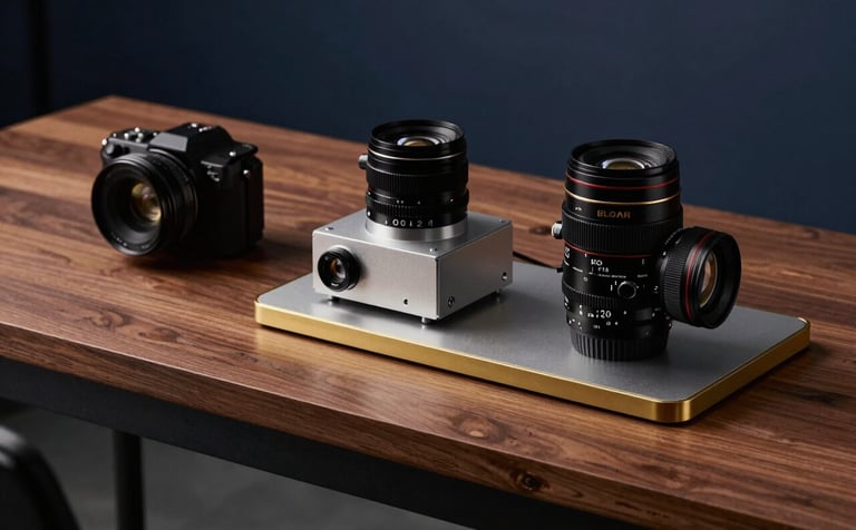 A close-up shot of a modern, minimalist workspace in a North American US tech hub. High-end equipment sits on a wooden desk with gold-toned brass details, reflecting a sophisticated atmosphere with deep navy shadows.