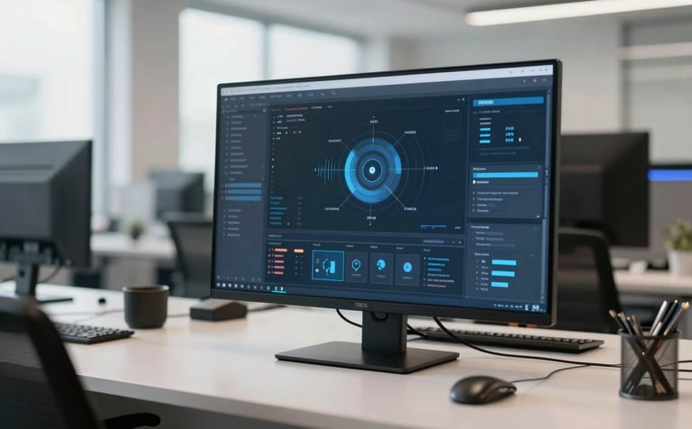 A professional focused on a sleek digital interface in a bright, modern North American US office. The environment features steel blue and off-white accents, captured in clean, high-clarity photography with soft natural lighting.