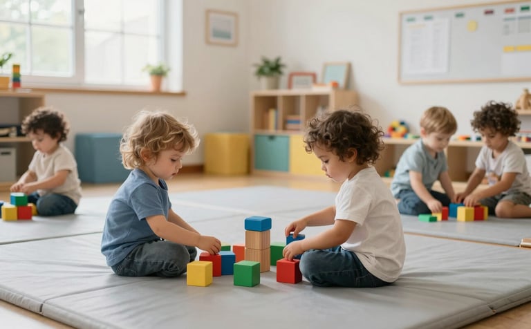 A bright and airy North American / US preschool room with soft natural light. Toddlers are playing safely with large, colorful wooden blocks on a clean, light grey padded floor, conveying a sense of joyful learning and professional care.