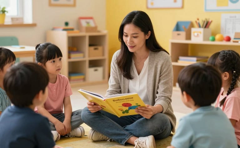 A teacher in a North American / US preschool sitting on the floor in a warm, yellow-accented room, reading a large picture book to a group of attentive children. The atmosphere is nurturing, professional, and engaging.