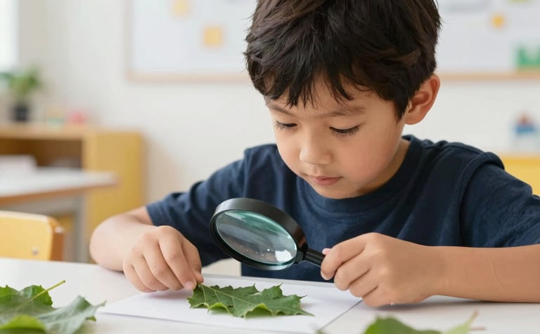 A close-up photography shot of a child in a North American / US pre-k classroom focused on a science project with magnifying glasses and leaves. The background is a clean, bright white and yellow school setting.