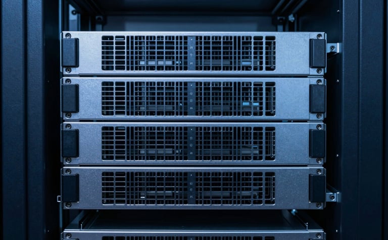 A close-up photograph of enterprise-grade server hardware in a pristine, minimalist data center. The lighting is cool and professional, featuring soft blue and deep navy blue reflections on metallic surfaces. The composition is clean and symmetric, emphasizing high-end technical reliability and Scandinavian design principles.