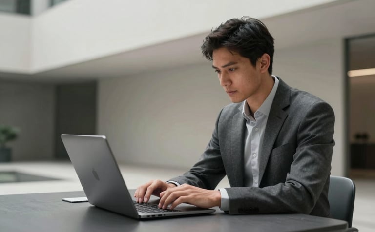 A professional photograph of a modern tech professional working on a sleek laptop in a high-end, minimalist architectural setting. The color palette includes charcoal gray and off-white tones. The environment is uncluttered and sophisticated, suggesting a focused B2B atmosphere.