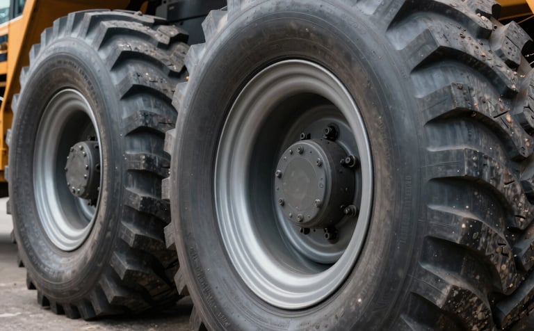 A detailed close-up shot of heavy-duty crane tires with deep treads. The Silver Grey wheel rims reflect the professional, data-driven environment. The composition is focused on the texture and strength of the rubber, symbolizing durability.