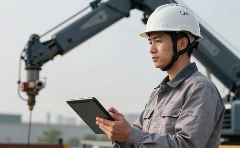 A professional portrait of a crane operator in a Steel Grey uniform and safety helmet, holding a digital tablet with charts. The background shows a blurry Deep Charcoal Navy crane arm, emphasizing the human expertise in the data-driven sector.