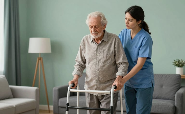 A professional caregiver supporting a senior with a walker in a clean, modern North American / US residence. Elegant interior with muted sea green and dark slate green décor. Reassuring and dignified atmosphere, sharp focus photography.
