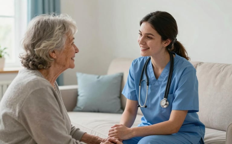 A compassionate caregiver and an elderly person talking warmly in a bright North American / US living room. The setting is serene with misty white walls and soft powder blue textile accents. High-quality photography, natural light, professional and heartwarming atmosphere.