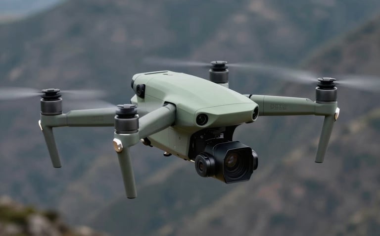 A close up of a high-end cinematic drone with a camera payload flying over a dramatic North American / US landscape. Clean, modern, cutting-edge technology mood. Sage green and dark slate grey tones.