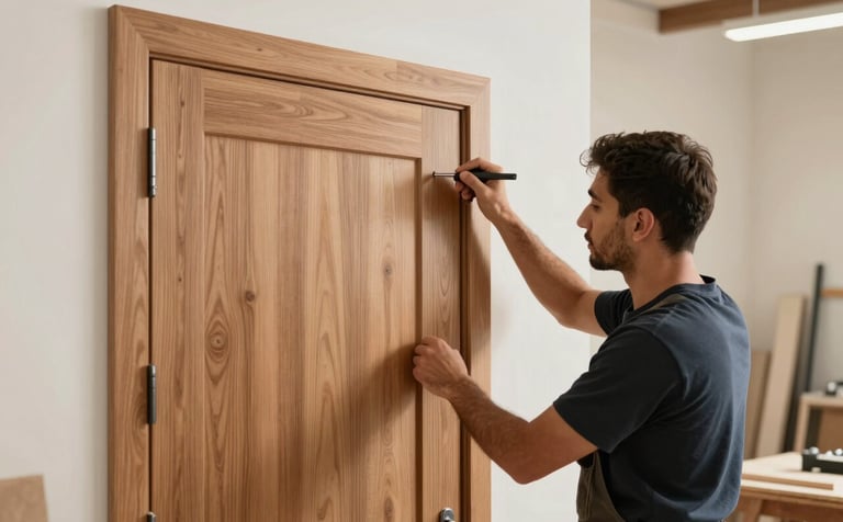 A professional carpenter in a modern Middle Eastern / Gulf workshop, meticulously installing a solid wood door. The lighting is bright and natural, highlighting the wood grain and craftsmanship. Clean and professional environment with tan wood and off-white background colors.