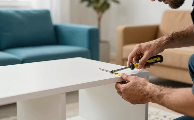 A close-up of a skilled craftsman assembling modern white IKEA furniture in a Middle Eastern / Gulf living room. Focus on the tools and precision of the assembly. Bright, clean, modern interior with teal and tan accents.