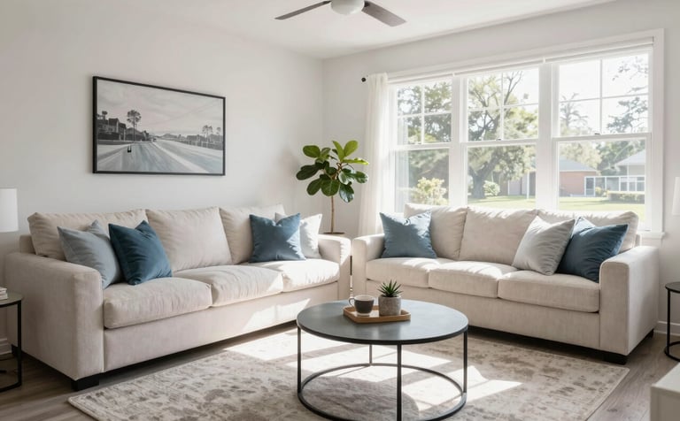 A crisp, wide-angle photograph of a modern North American Airbnb living room in Orlando. The space is immaculately clean with bright sunlight, off white linens, and slate blue decorative pillows, conveying professional turnover quality.