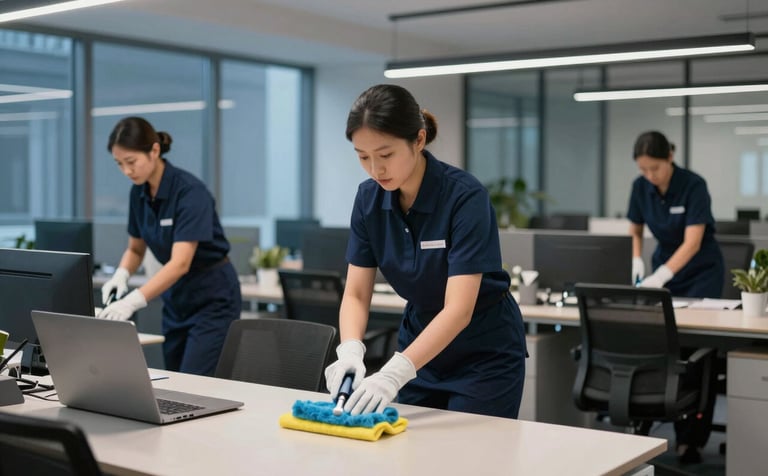 A professional cleaning crew in dark blue uniforms performing after-hours maintenance in a modern North American office. The scene is illuminated by cool LED lighting, showing streamlined efficiency and polished surfaces. Slate blue and off white tones dominate the high-end workspace.