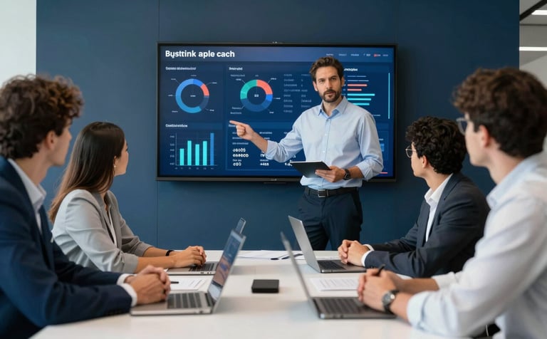 A dynamic business meeting in a Brazil-based tech office, a professional presenting a data dashboard on a wall-mounted screen, collaborative and efficient mood, dark blue and white palette.