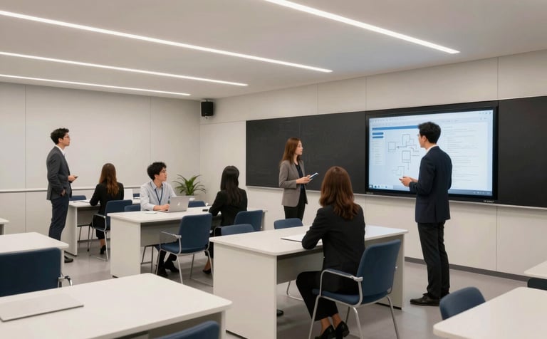Interior of a modern, high-tech classroom with minimalist off-white furniture and dark navy accents. Professionals are gathered around a digital interface, representing collaborative business education and strategic learning.