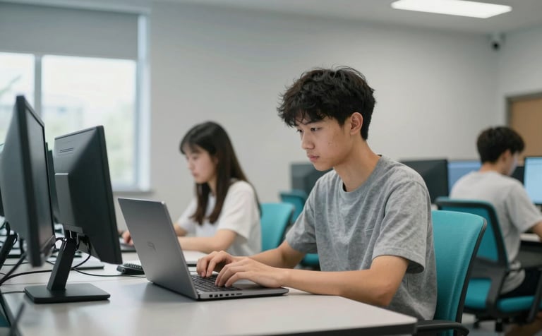A focused student working on a laptop in a bright, modern North American / US university computer lab. The setting features soft cloud gray walls and bright teal accents on the ergonomic furniture. Crisp, professional photography with natural morning light.
