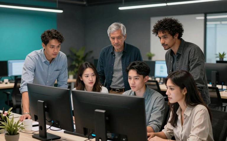 A group of diverse tech professionals collaborating in a sleek North American / US co-working space. They are gathered around a large monitor in a room with deep slate gray decor and bright teal lighting accents. Modern, cinematic style.