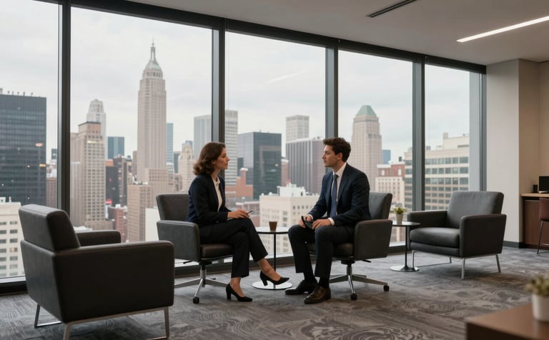 A professional business consultation in a high-rise North American / US office overlooking a city skyline. The interior features charcoal furniture and soft cloud gray carpets. Warm, focused professional lighting.