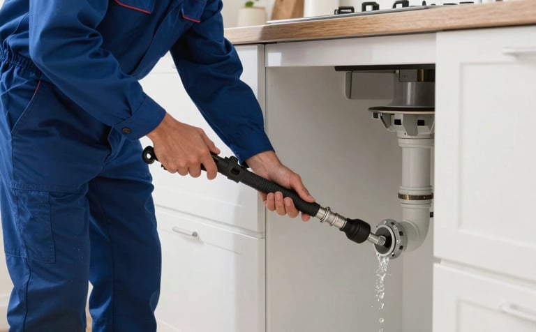A professional plumber wearing a clean Deep Midnight Blue uniform, using a modern industrial snake tool to clear a drain pipe in a clean residential kitchen. Bright, natural lighting, highlighting a sense of efficiency and hygiene.