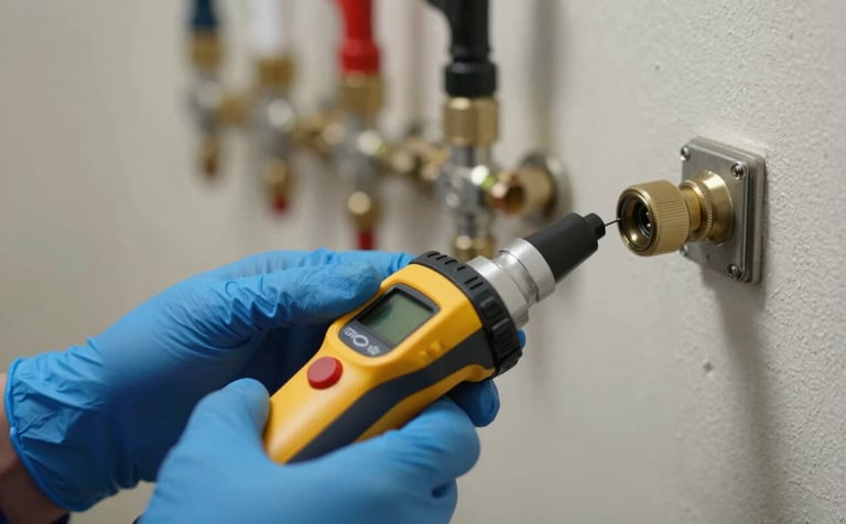 Close-up of a technician's hands in Ocean Slate Blue gloves using a high-tech ultrasonic leak detector on a wall. Professional plumbing tools are visible in the background, conveying modern technology and precision.